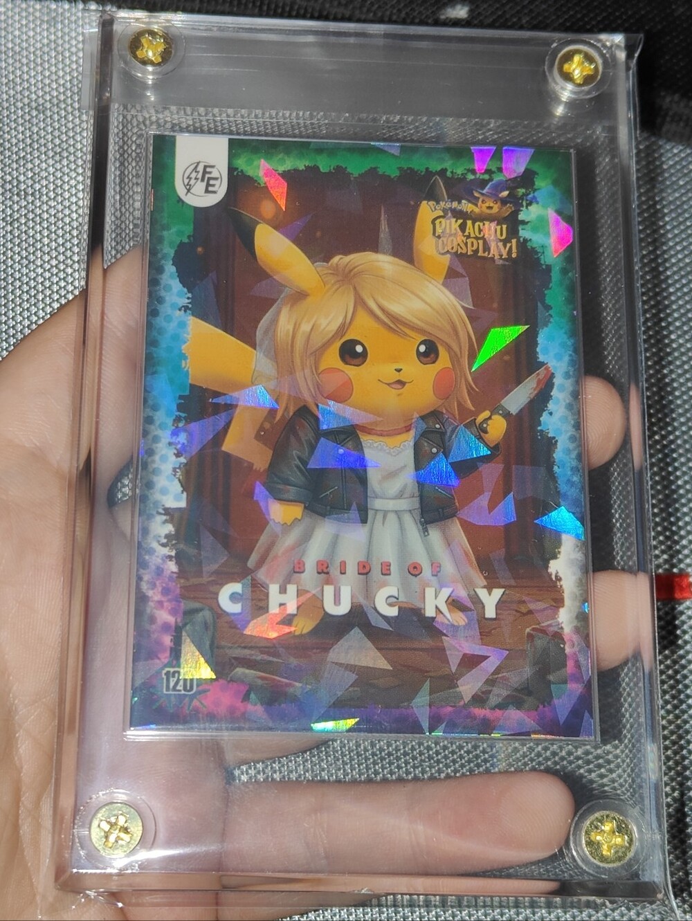 Bride Of Chucky Tiffany holo encased Pikachu Cosplay Horror card Doujin Pokemon